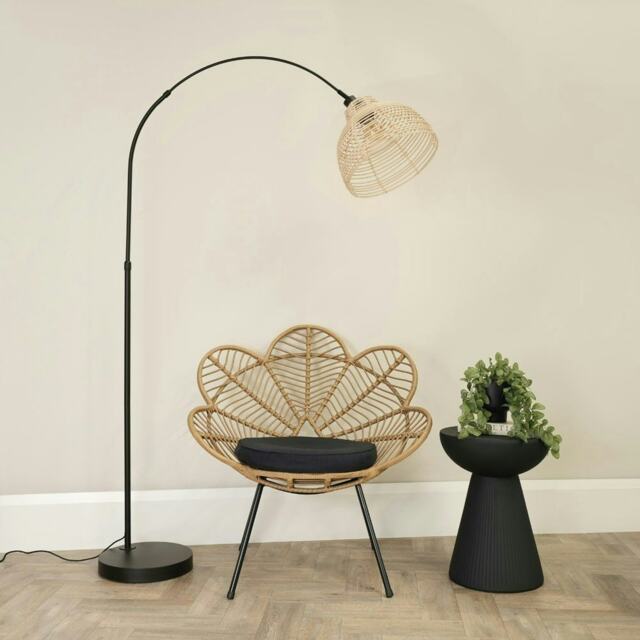 ValueLights Louis Black Arched Curved Floor Lamp Cream Woven Basket Shade