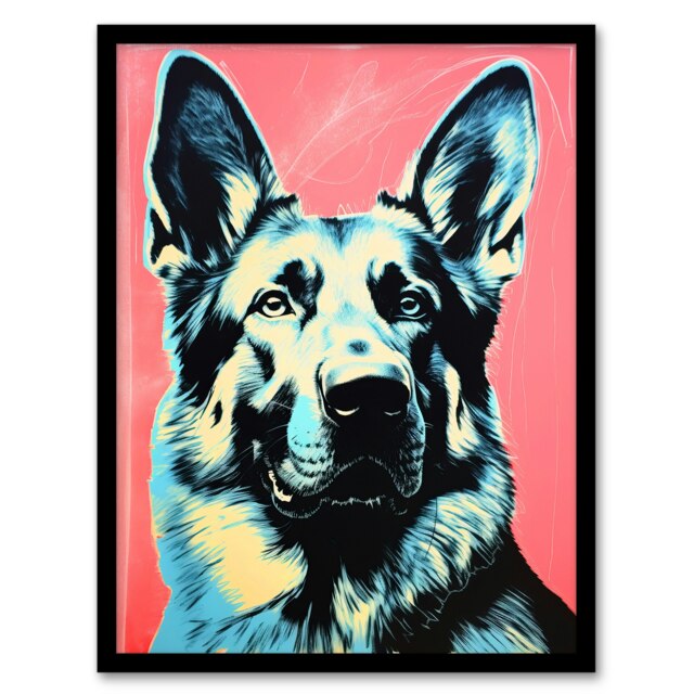 German Shepherd Coral Teal Bold Vibrant Home Decor Black Framed Wall Art Print A4