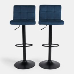 OHS 2 x Velvet Swivel Height Adjustable Counter Bar Stools Blue Navy Blue