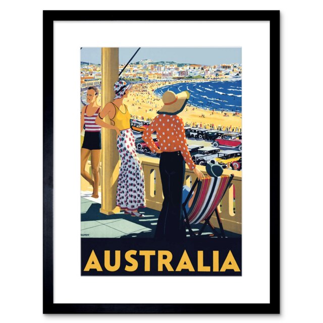 "Vintage Travel Ad Australia Bondi Beach Sea Sun 9x7"" Black Framed Wall Art Print"