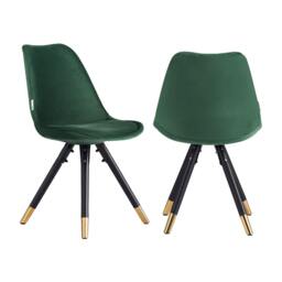 Set of 2 Sofia Ergonomic Modern Dining Chairs Upholstered in Velvet, Metal Legs with Gold End Tips Green