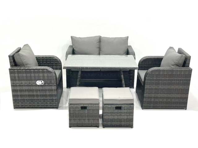 Fimous Outdoor Garden Furniture Set Rattan Sofa Dining Table Set with Reclining Chair 2 Small Footstool Dark Grey Mixed