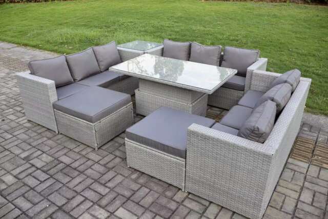 Fimous 11 Seater Outdoor PE Rattan Garden Funiture Set Height Adjustable Rising Lifting Table Sofa Dining Set with Side Table 2 Big Footstools