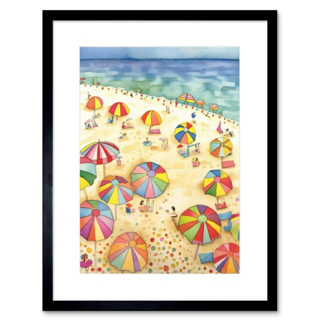 "Summer Beach Brollies Sunshine Folk Art 9x7"" Black Framed Wall Art Print"