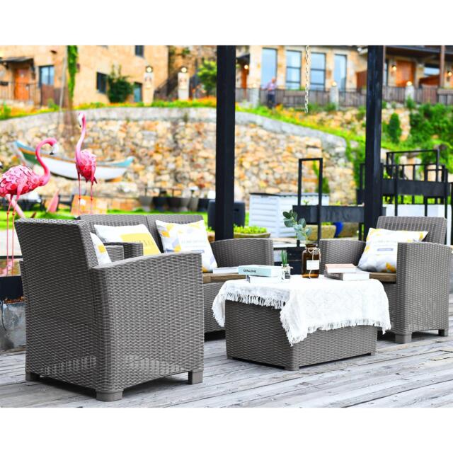 Centurion Supports SANTANA 4 Piece PE Rattan 4-Seater with Cushions Garden Furniture and Coffee Table Set in Greige