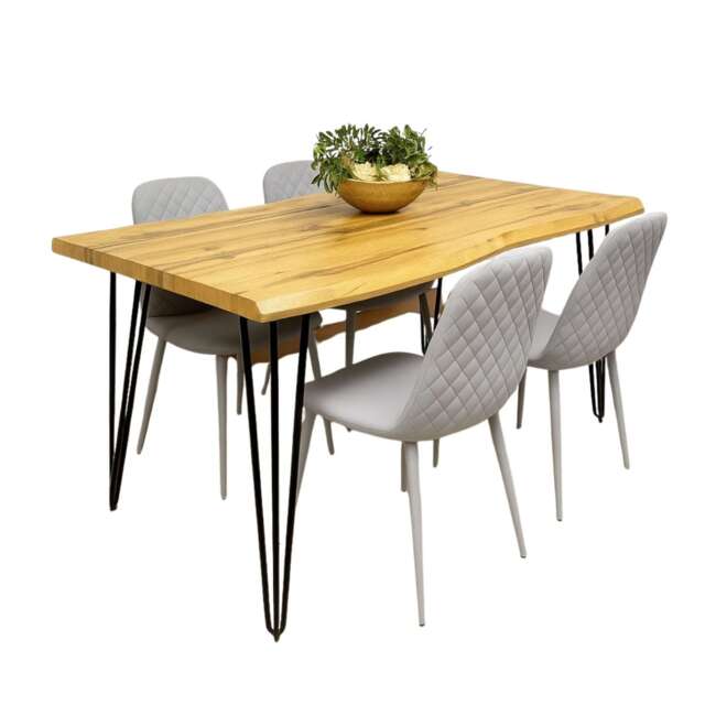 Modern Dining Table Set and 4 Grey Faux Leather Chairs Home Kitchen Furniture