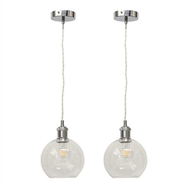Set of 2 Barnum - Clear Glass Globe Chrome Retro Pendant Fittings