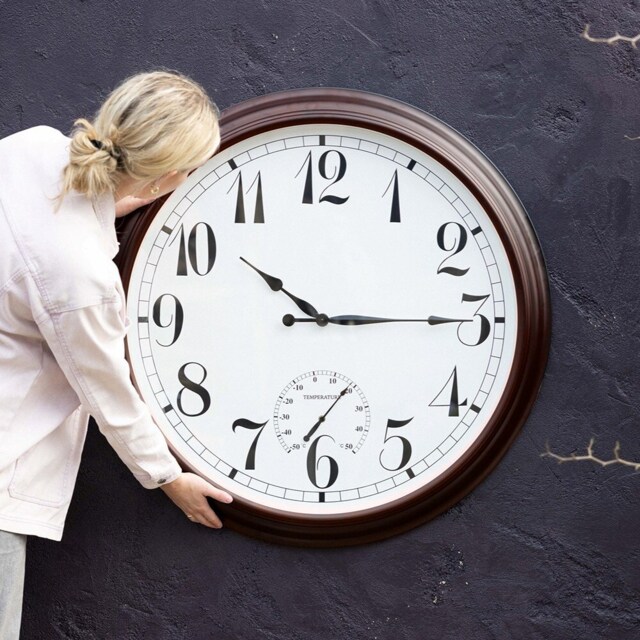 Outdoor Garden Clock With Thermometer and Metal Casing Brown Big Time 90cm
