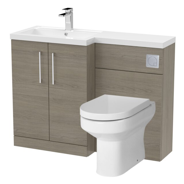 Level Bathroom Bundle Floor Standing Vanity Basin and WC Unit with Pan, Seat and Cistern - Left Hand - Solace Oak - Balterley Brown