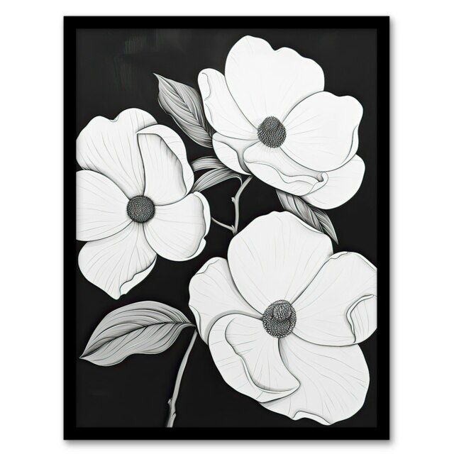 White Flower Blooms On Contrast Home Decor Black Framed Wall Art Print A4