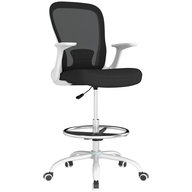 HOMCOM Drafting Chair, Ergonomic High Office Chair with Flip-up Armrest, Mesh Back, Lumbar Support, Adjustable Foot Ring, Swivel Wheels, for Standing Desk, Black and White