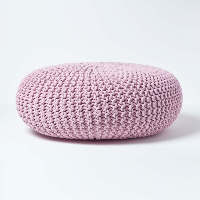 Homescapes Pastel Pink Large Round Cotton Knitted Pouffe Footstool