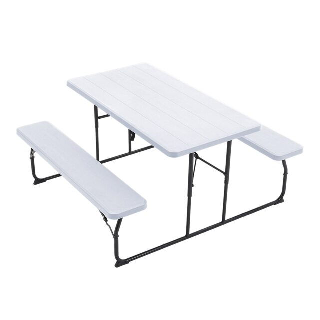 Living and Home Outdoor Foldable Picnic Table Bench Set with Parasol Hole, Black White 74cm H x 180cm W x 160cm D