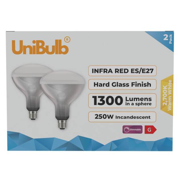 UniBulb Infra-Red Heater Lamp Light Bulb E27 1300lm 250W 2700K - Pack of 2 Clear Infra Red 2