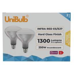 UniBulb Infra-Red Heater Lamp Light Bulb E27 1300lm 250W 2700K - Pack of 2 Clear Infra Red 2