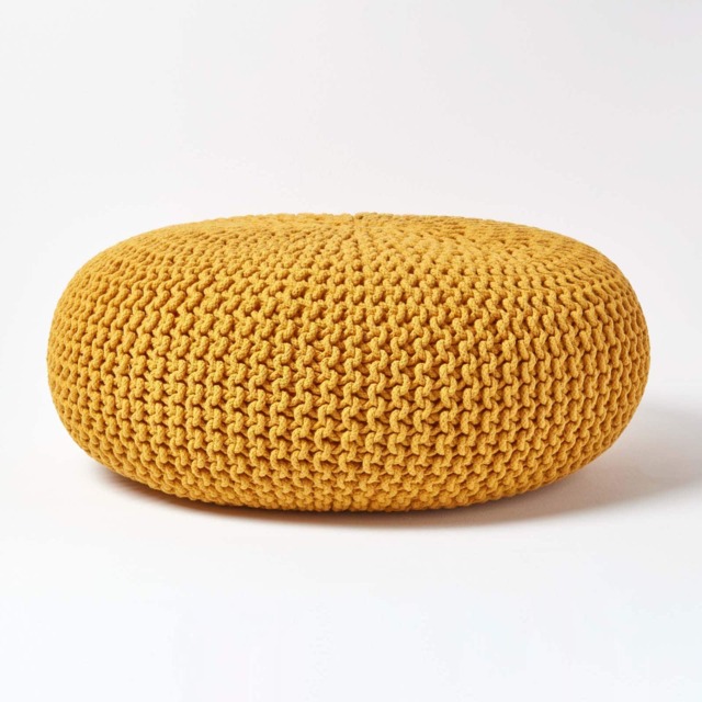 Homescapes Mustard Large Round Cotton Knitted Pouffe Footstool Yellow 70 x 23 cm