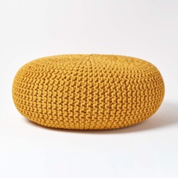 Homescapes Mustard Large Round Cotton Knitted Pouffe Footstool Yellow 70 x 23 cm
