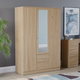 Vida Designs Riano 3 Door 2 Drawer Mirrored Wardrobe With Shelf & Clothes Rail, Pine