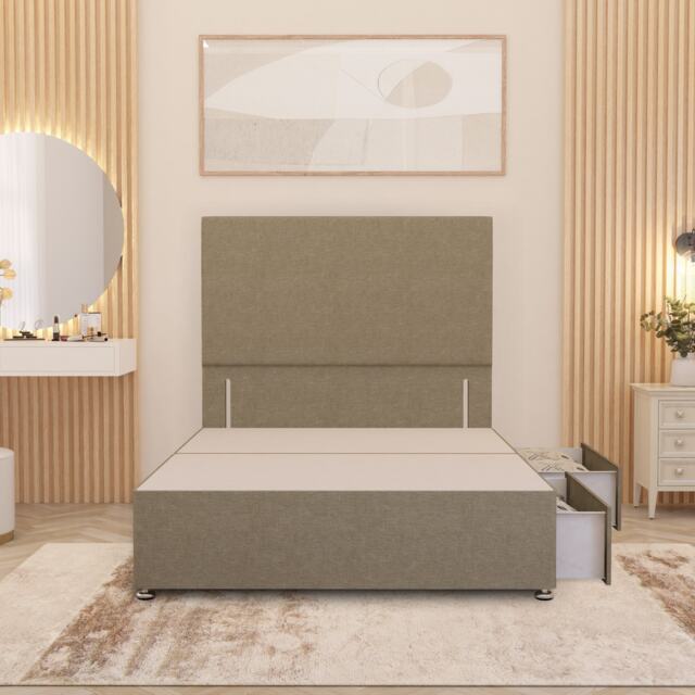 Divan Bed Base with 2 Drawers & Plain Floor Standing Headboard Linen Fabric Yellow Beige