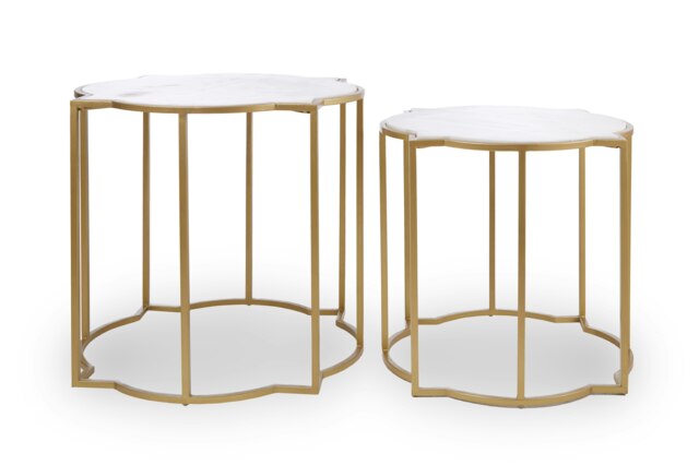 Interiors by Premier Set Of 2 Tables With Quatrefoil Top, Brass Finish Bedside Table, Sleek Gold Metallic Nesting Table White