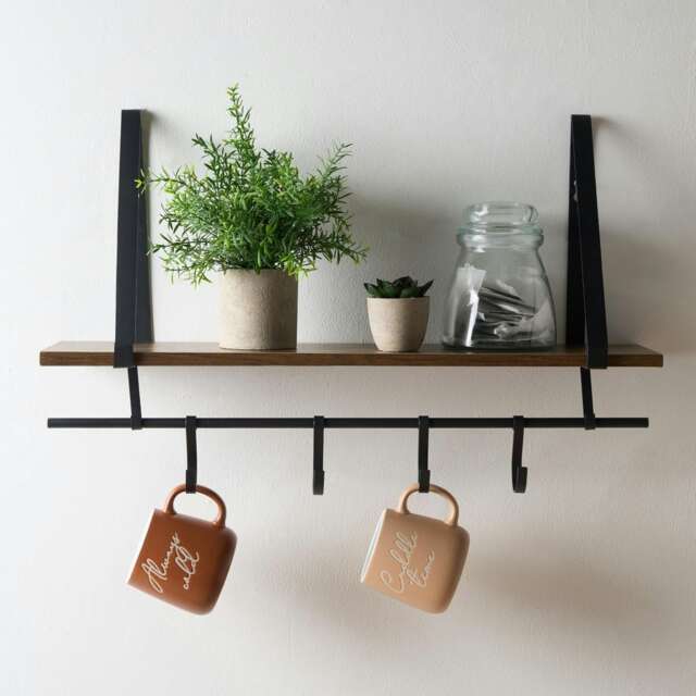 OHS Wall Mounted Home Kitchen Decor Hanging Wooden Shelving Cup Display Hook Unit - Natural