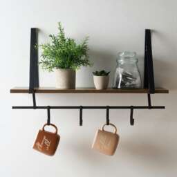 OHS Wall Mounted Home Kitchen Decor Hanging Wooden Shelving Cup Display Hook Unit - Natural