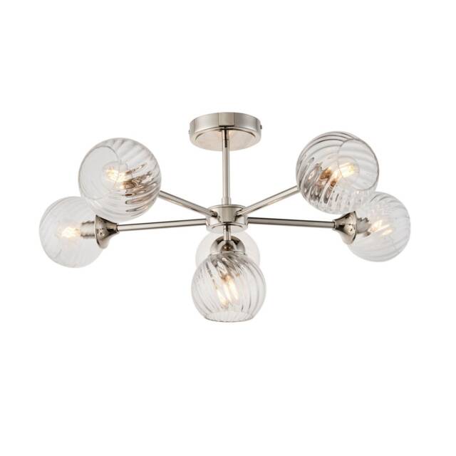 Allegra 6 Light Multi Arm Glass Shade Semi Flush Ceiling Lamp Bright Nickel