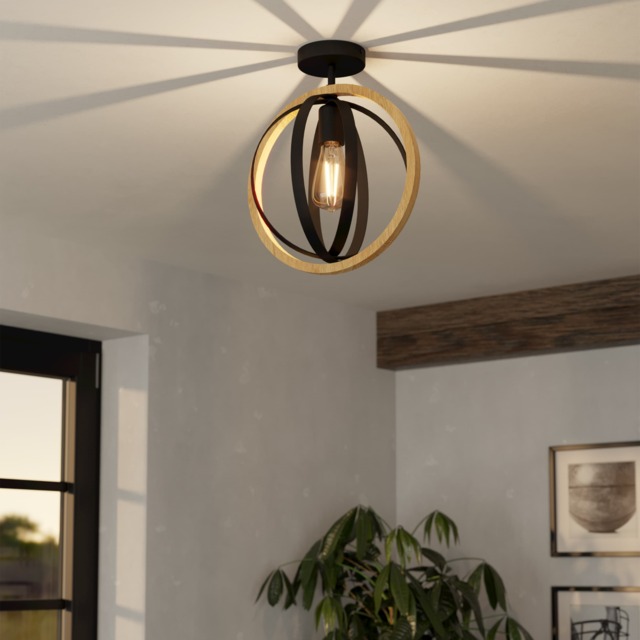 EGLO Basildon Black Steel & Wood Modern Unique Design Ceiling Light Black