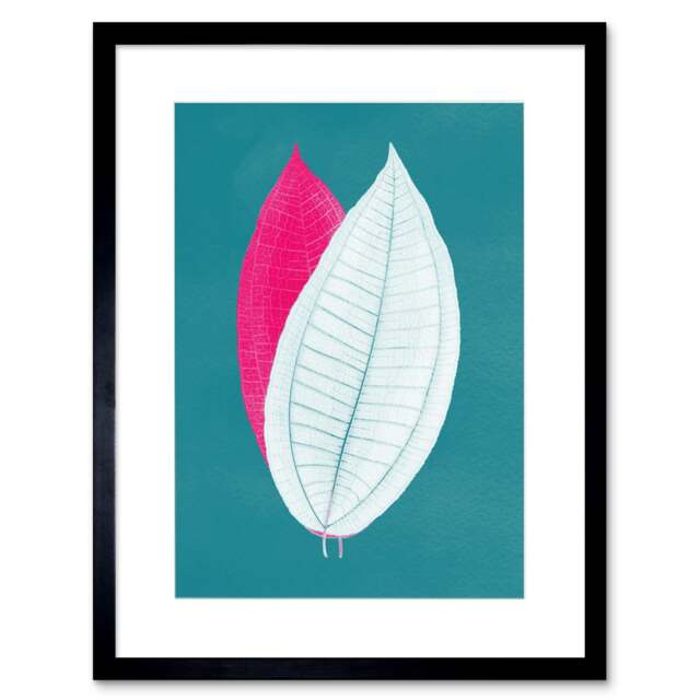 "Calathea Leaf Teal Pink Botanical Plant Lover 9x7"" Black Framed Wall Art Print"