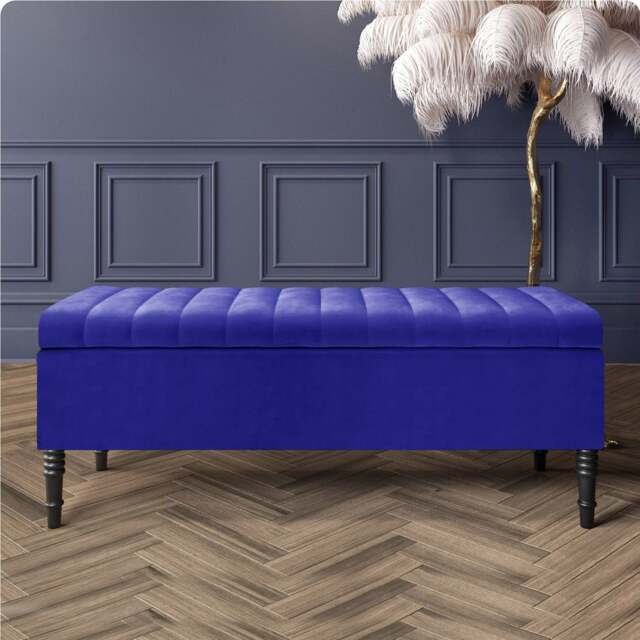 120cm Paris Striped Ottoman Storage Bench- Plush Velvet Shoe Bench - Sapphire Blue Upholstery Footstool with Storage