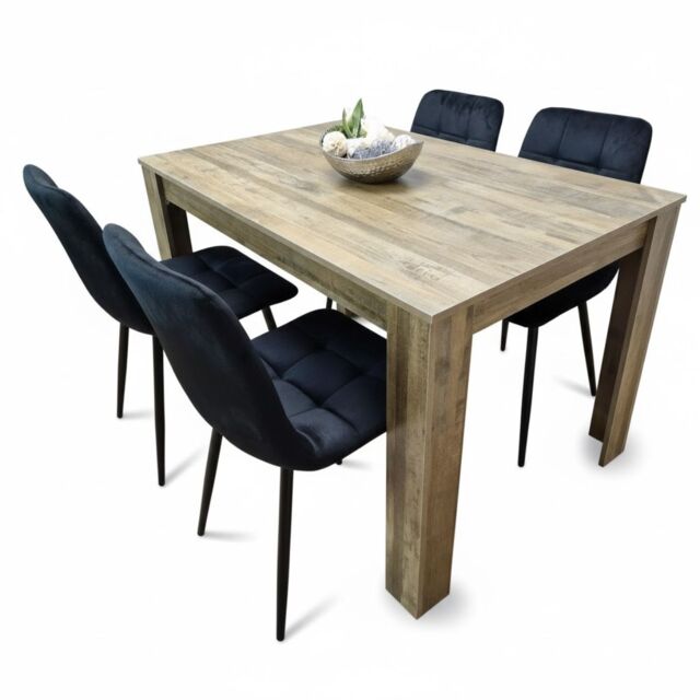 Dining Table and 4 Chairs Rustic Effect Wood Table with 4 Black Velvet Chairs Dining Room Set