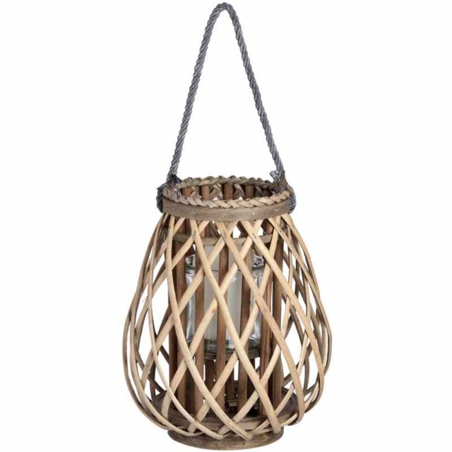 Small Wicker Bulbous Lantern - decorative ornament - L10 x W10 x H30 cm Brown