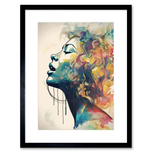 "Sensual Woman Female Profile Portrait Pastel Watercolour 9x7"" Black Framed Wall Art Print"