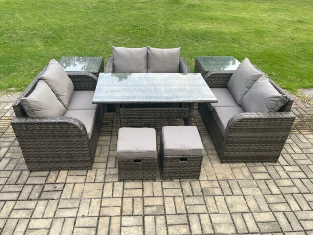 Fimous 8 Seater Outdoor Rattan Garden Furniture Set with Patio Rectangular Dining Table 2 Side Tables Love Sofa 2 Small Footstools Dark Grey Mixed