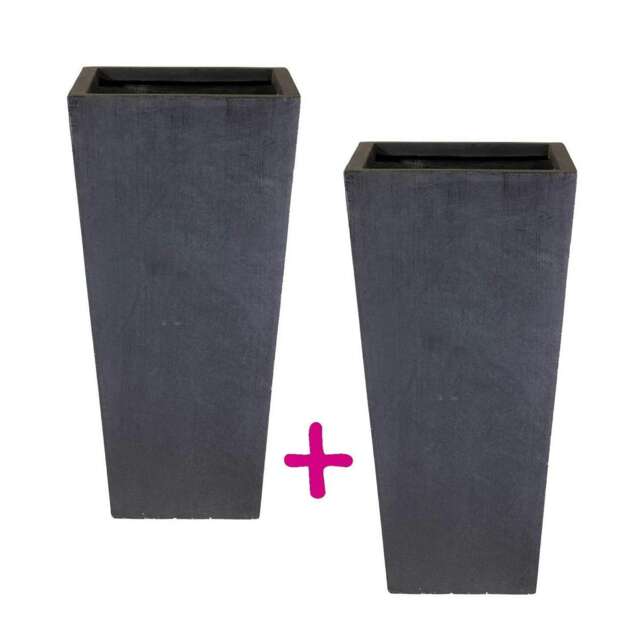 Set of Two Lite Tall Tapered Faux Lead Dark Grey Planters L24.5 W24.5 H50.5 cm, 30 liters + L24.5 W24.5 H50.5 cm, 30 liters