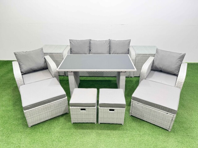 Fimous 9 Seater Patio Garden Furniture Sets with Black Glass Top Dining Table Love Sofa 2 Side Tables 4 Stools Light Grey