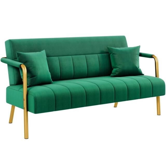 Yaheetech Upholstered Sofa Couch with Gold-tone Metal Arms and Legs Green Two Seater