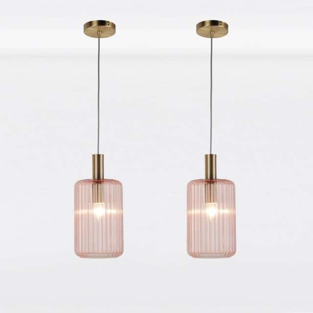 Set of 2 Blush Pink and Gold Fluted Glass Design Pendant Fittings Gold Pink 2