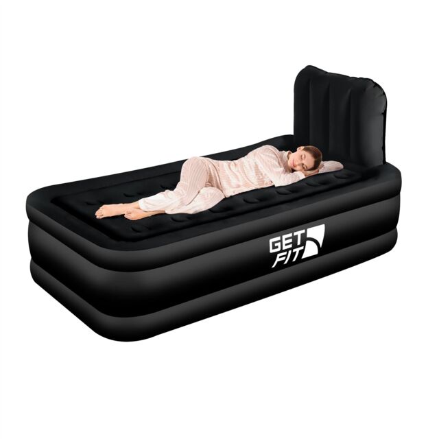 Get Fit Air Bed With Built In Electric Pump - Premium Single Airbed - Quick Blow Up Bed With Headboard & Free Inflatable Pillow Black Black Mono 1