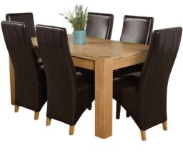 Kuba 150 x 85 cm Chunky Medium Oak Dining Table and 6 Lola Leather Chairs Brown Brown