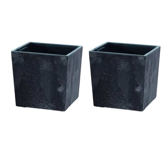 240mm Low Square Concrete Effect Plant Pot - 23.5x24x24 cm Black Black & Set of 2 2