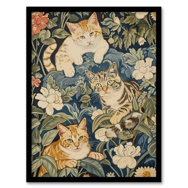 Kittens Flowers Animal Lover Living Room Black Framed Wall Art Print A4