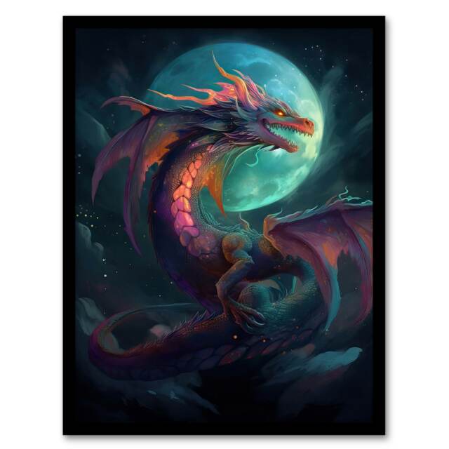 Full Moon Oil Purple Fantasy Creature Home Decor Black Framed Wall Art Print A4
