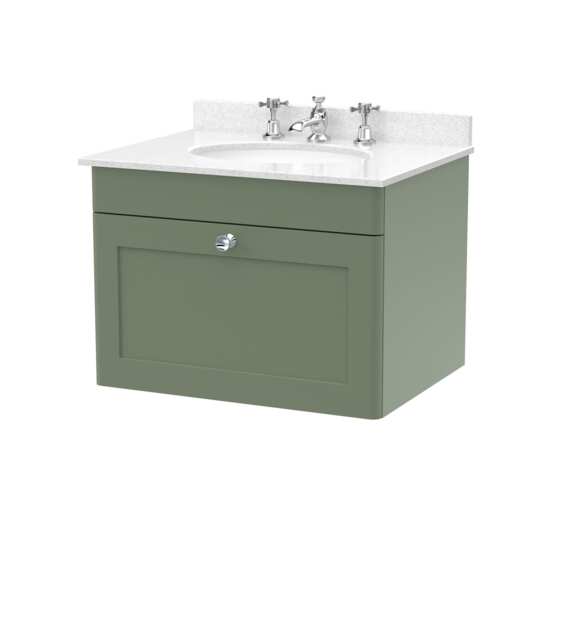 Balterley Swynnerton Traditional 1 Drawer Wall Hung Vanity Unit with Marble Basin, Satin Green, 600mm