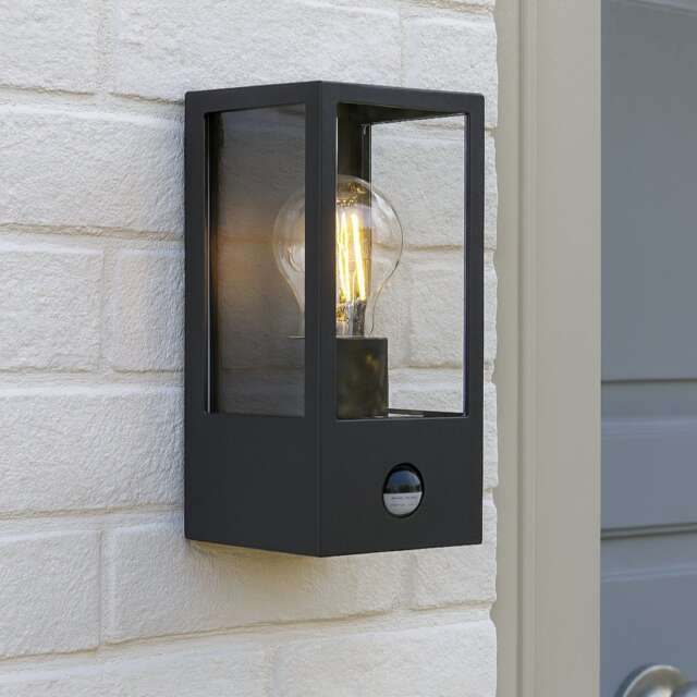 CGC MARINA Black Outdoor Wall Lantern with PIR Sensor, E27 Socket, Clear Diffuser, IP44 Black Black Height: 22cm, Width: 10.5cm, Depth: 11cm