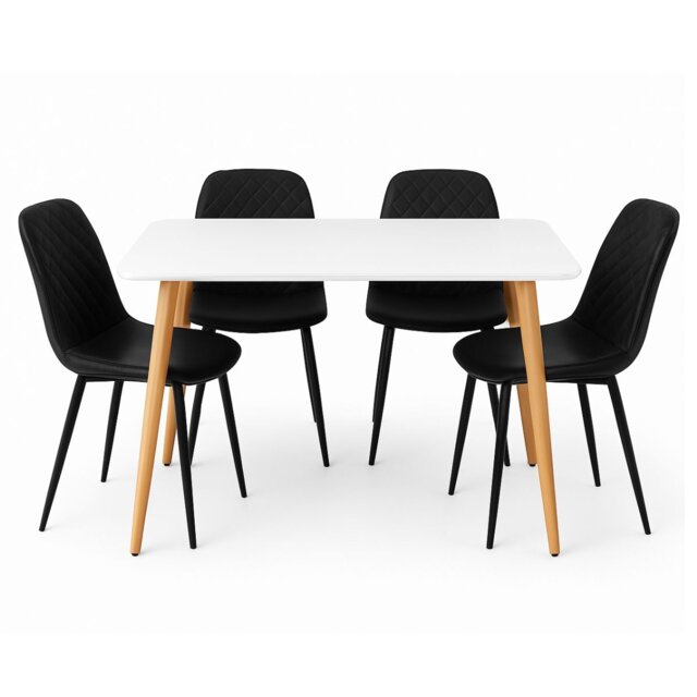 Dining Table Set of 4 Wooden White Table with 4 Black Faux Leather Chairs