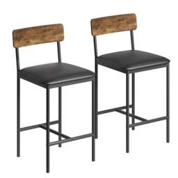 London Boutique Set of 2 Upholstered Bar Stools with Backrest & Footrest - Black/Brown