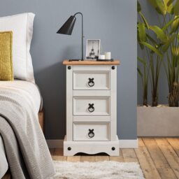 Mercers Furniture Corona White Narrow 3 Drawer Bedside Cabinet Chest Table Solid Wood Pine Wooden Bedroom with Mexican Styling