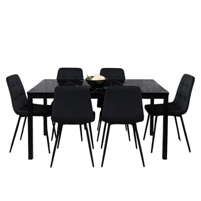 Black Glass Marble Effect Dining Table Set with 6 Black Velvet Chairs