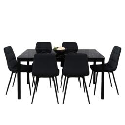 Black Glass Marble Effect Dining Table Set with 6 Black Velvet Chairs